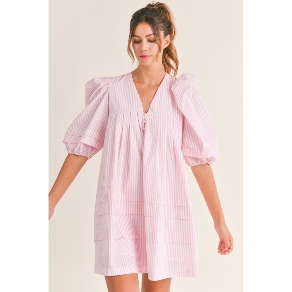 Mable Pink White Striped Puff Sleeve Babydoll Mini Dress MD2892B Medium